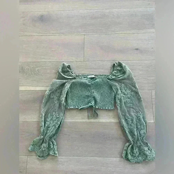 O Vianca mint sheer crop top puff sleeve size small S - Picture 4 of 8